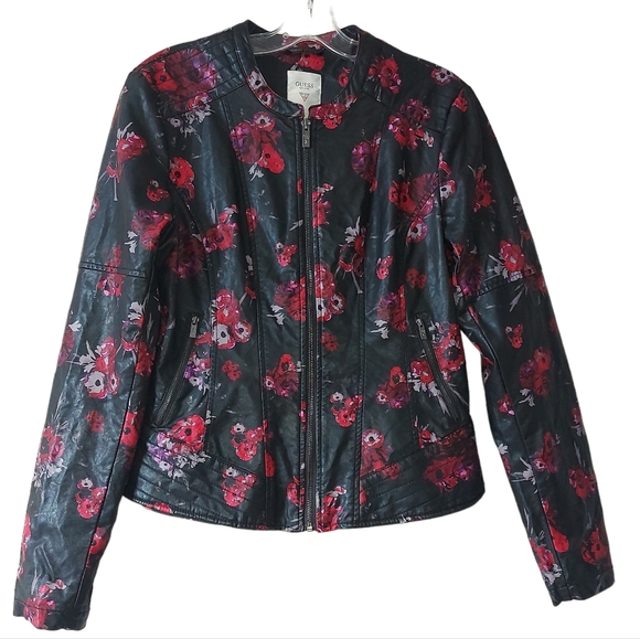 Guess Jackets & Blazers - GUESS Faux Leather Moto Jacket Women's Floral Print Lined Zip Up Size Large
